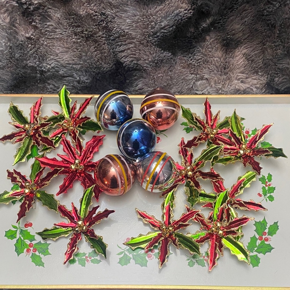 Vintage  11 Metal Poinsettias Clip On
Ornaments and 5 Vintage glass balls